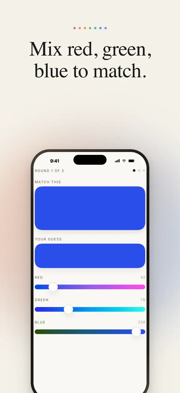Practicing color theory in the Hueful app by mixing hue saturation and lightness sliders
